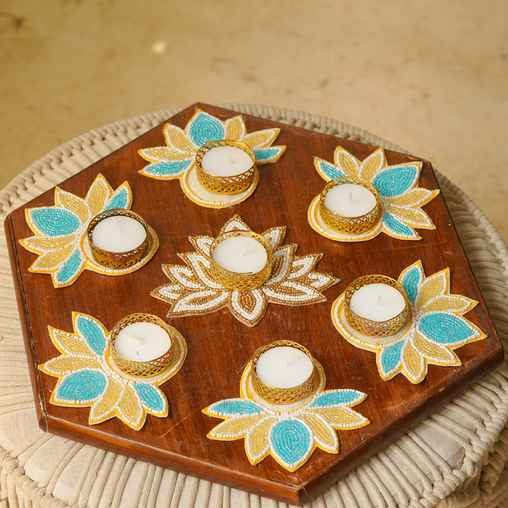 Handmade Beaded Blue & Golden Lotus Tealight Holders | Set Of 7