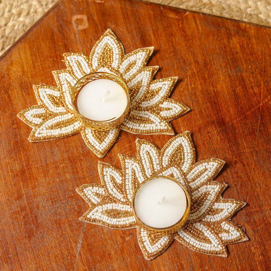 4pc Set | Handmade Beaded White & Golden Lotus Diwali Decor | 2 Hangings + 2 Tealight Holders