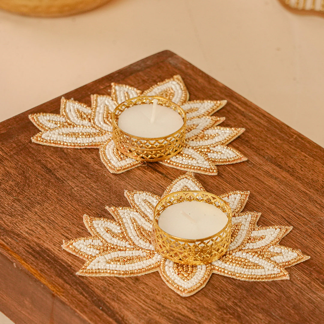 4pc Set | Handmade Beaded White & Golden Lotus Diwali Decor | 2 Hangings + 2 Tealight Holders