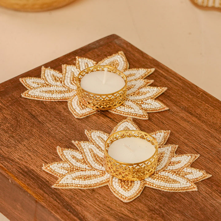 4pc Set | Handmade Beaded White & Golden Lotus Diwali Decor | 2 Hangings + 2 Tealight Holders