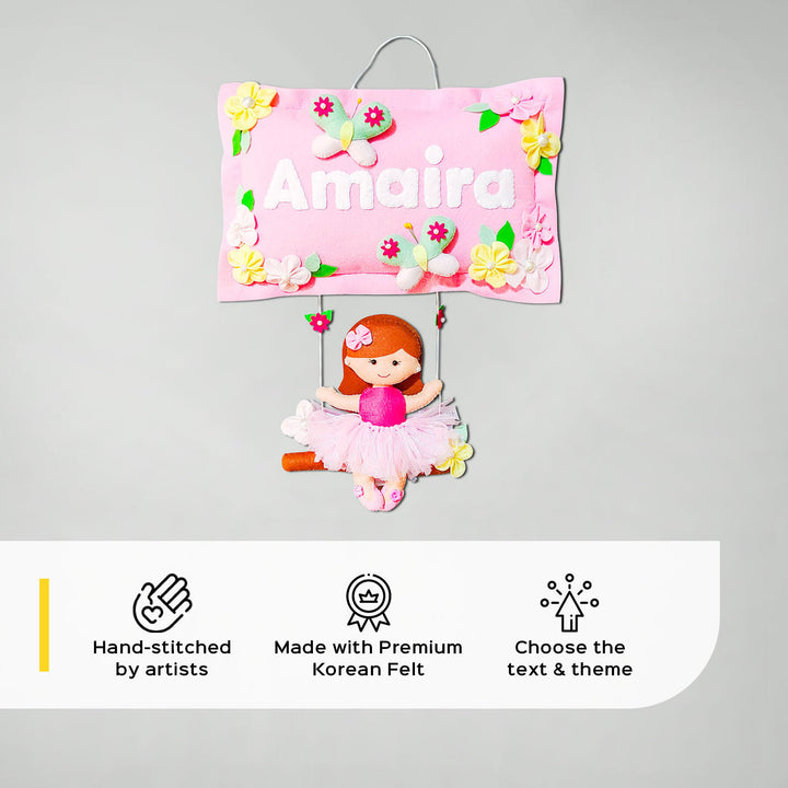 Hand Stitched Pillow Swing Theme Felt Kids Name Plate For Siblings - Front View Hanging Wall Decoration