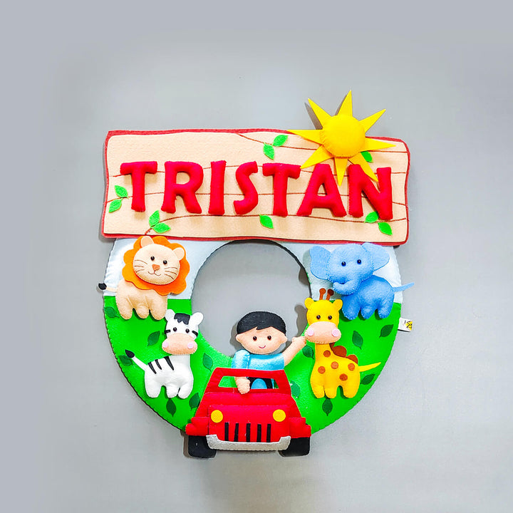 Hand Stitched Jungle Themed Felt Kids Name Plate 1 - Front View with Name Personalization