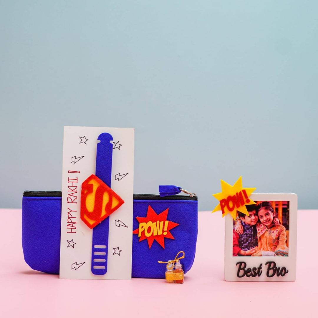Kids Rakhi Hamper With Pouch And Fridge Magnet 1 - Front View with Accessories
