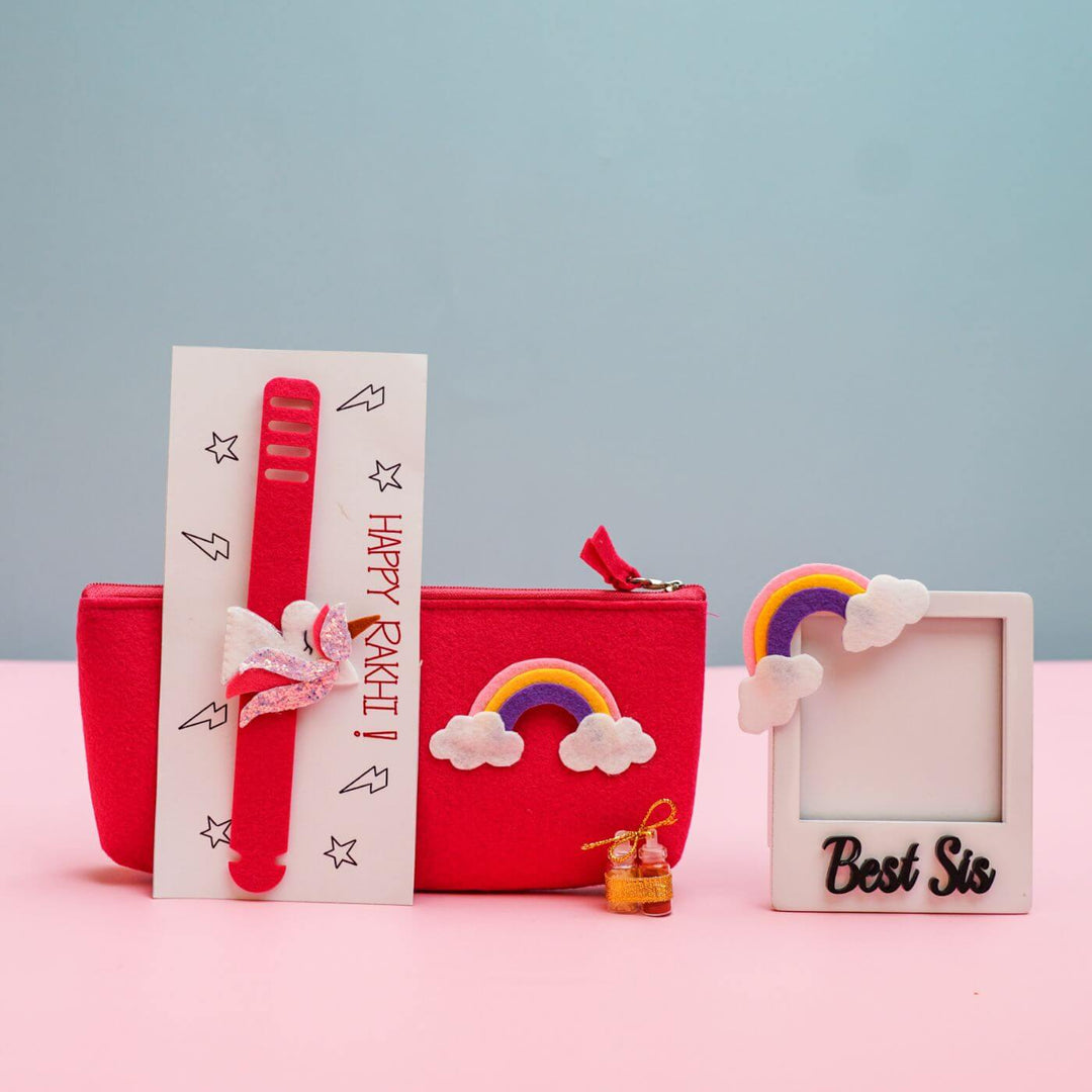 Kids Rakhi Hamper With Pouch And Fridge Magnet 3 - Front View of Rainbow Rakhi Set