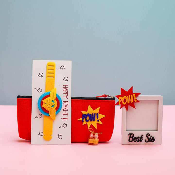 Kids Rakhi Hamper With Pouch And Fridge Magnet 3 - Front View of Wonder Woman Rakhi Set