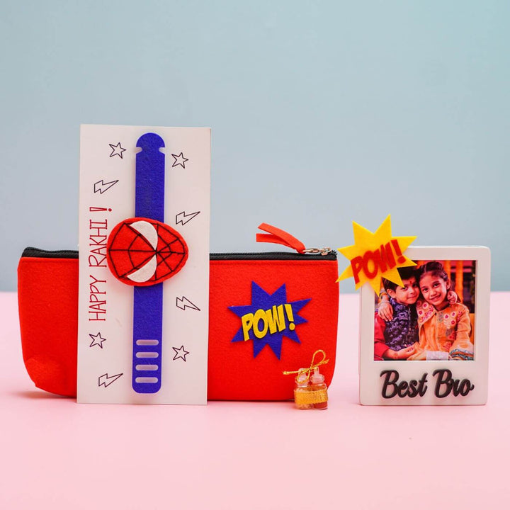 Kids Rakhi Hamper With Pouch And Fridge Magnet 1 - Front View with Accessories (10)