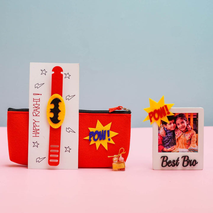 Kids Rakhi Hamper With Pouch And Fridge Magnet 3 - Front View of Batman Rakhi Set