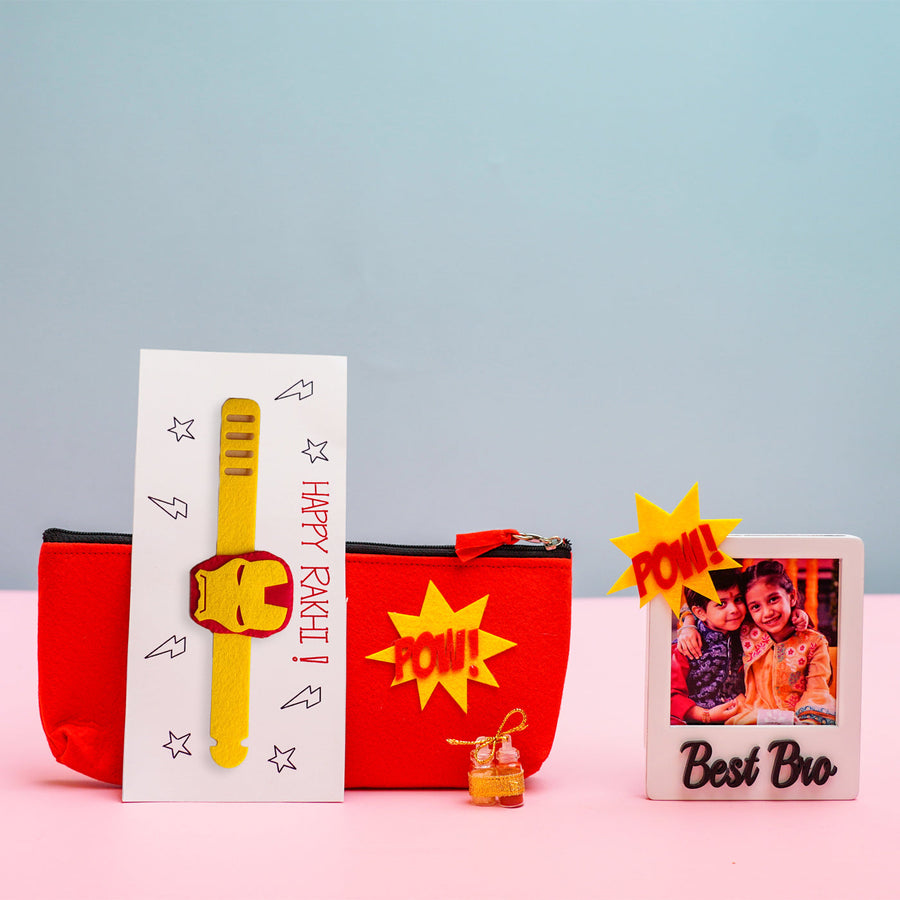 Kids Rakhi Hamper With Pouch And Fridge Magnet 8 - Front View with Pouch and Magnet