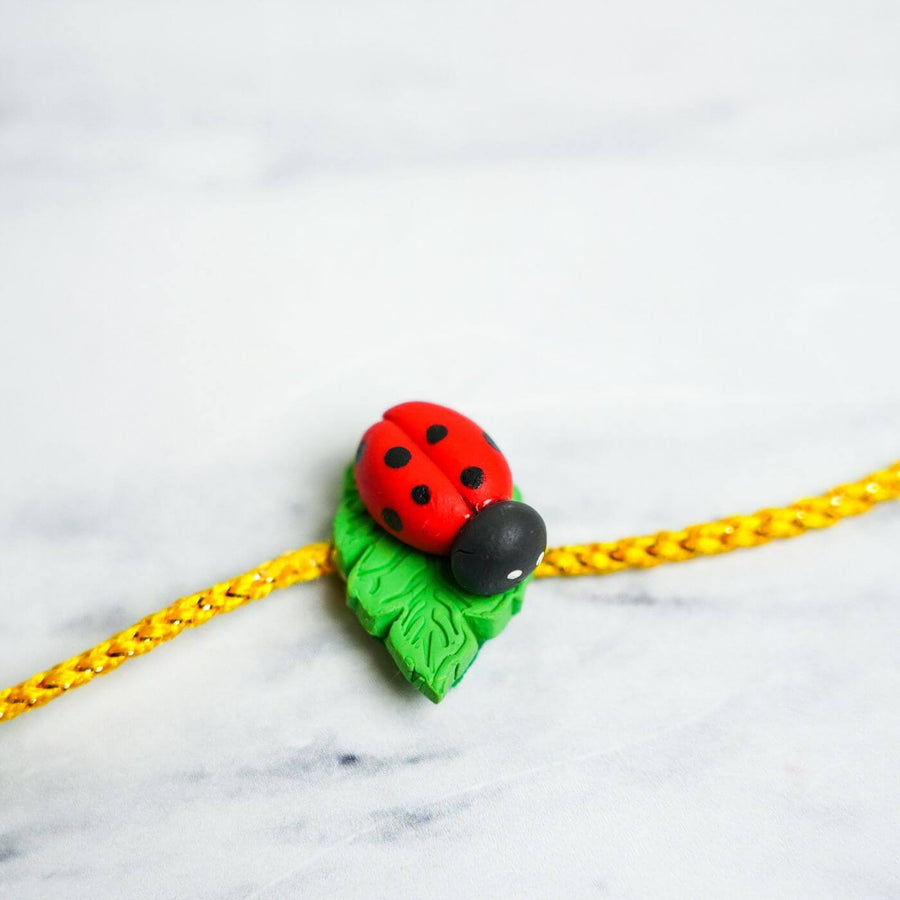 Handmade Porcelain Clay Themed Rakhi 2 - Close-up of Ladybug Charm