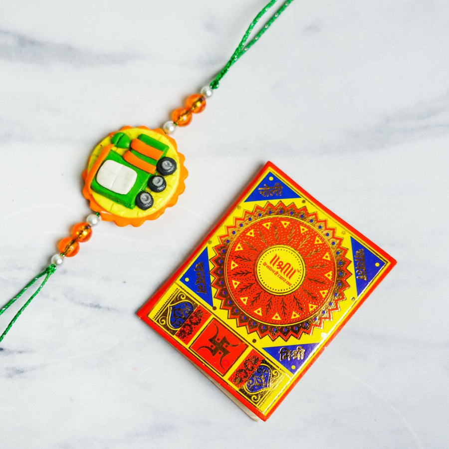 Handmade Porcelain Clay Themed Rakhi 5 - Top View with Gift Box