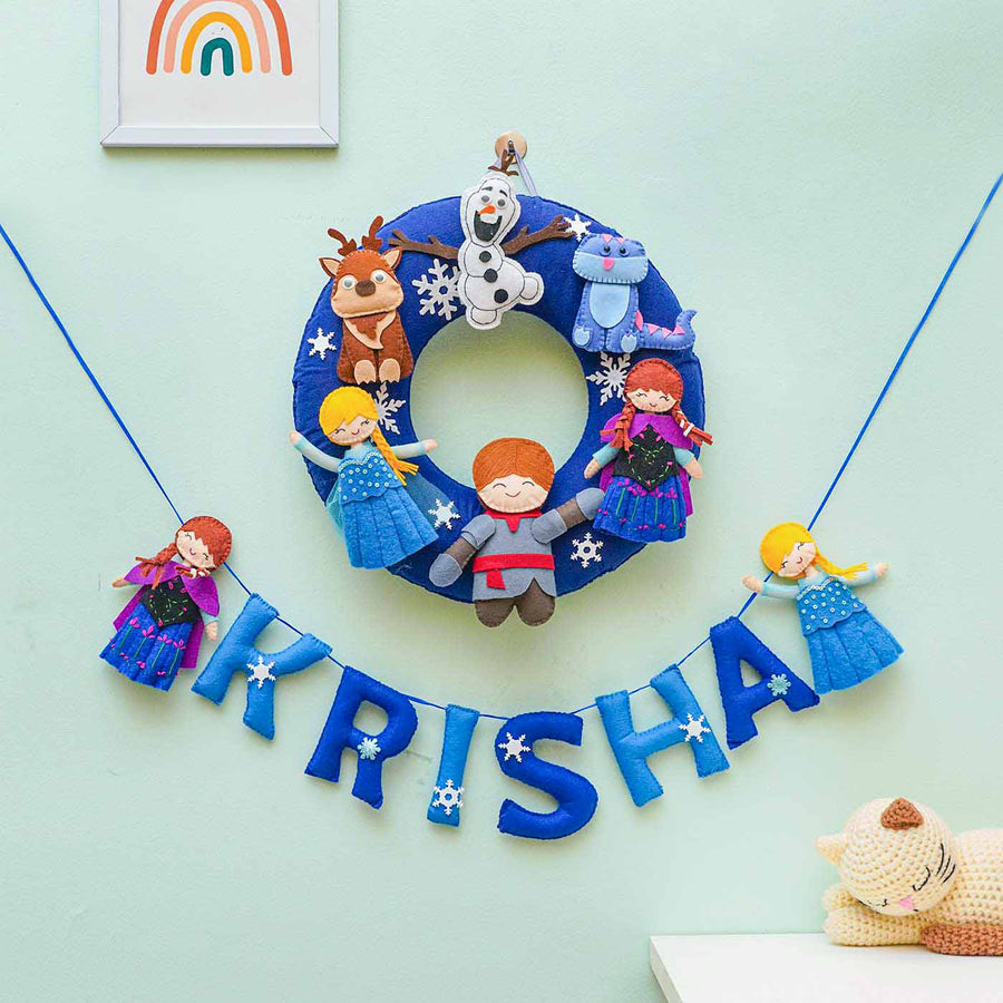 Personalized Handmade Round Frozen Theme Felt Nameplate - Hanging Name Garland and Wreath Display