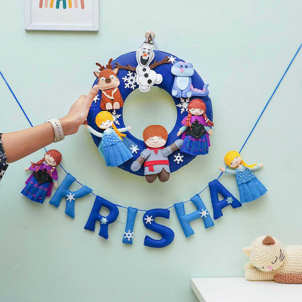 Personalized Handmade Round Frozen Theme Felt Nameplate - Hanging on Wall with Name Garland