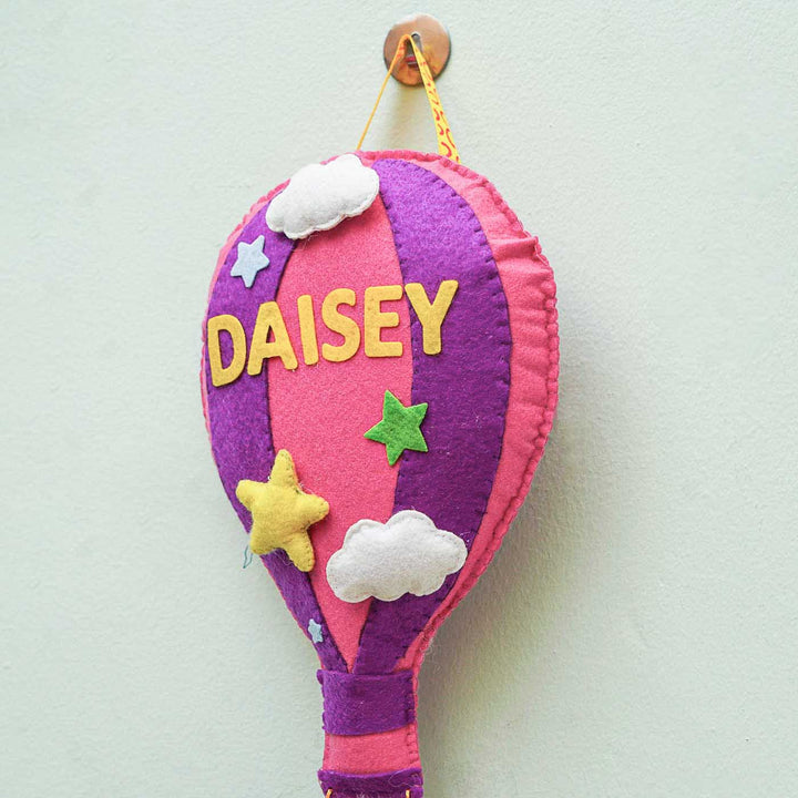Personalized Handmade Hot Air Ballon Felt Name Plate - Hanging View Showing Side Depth