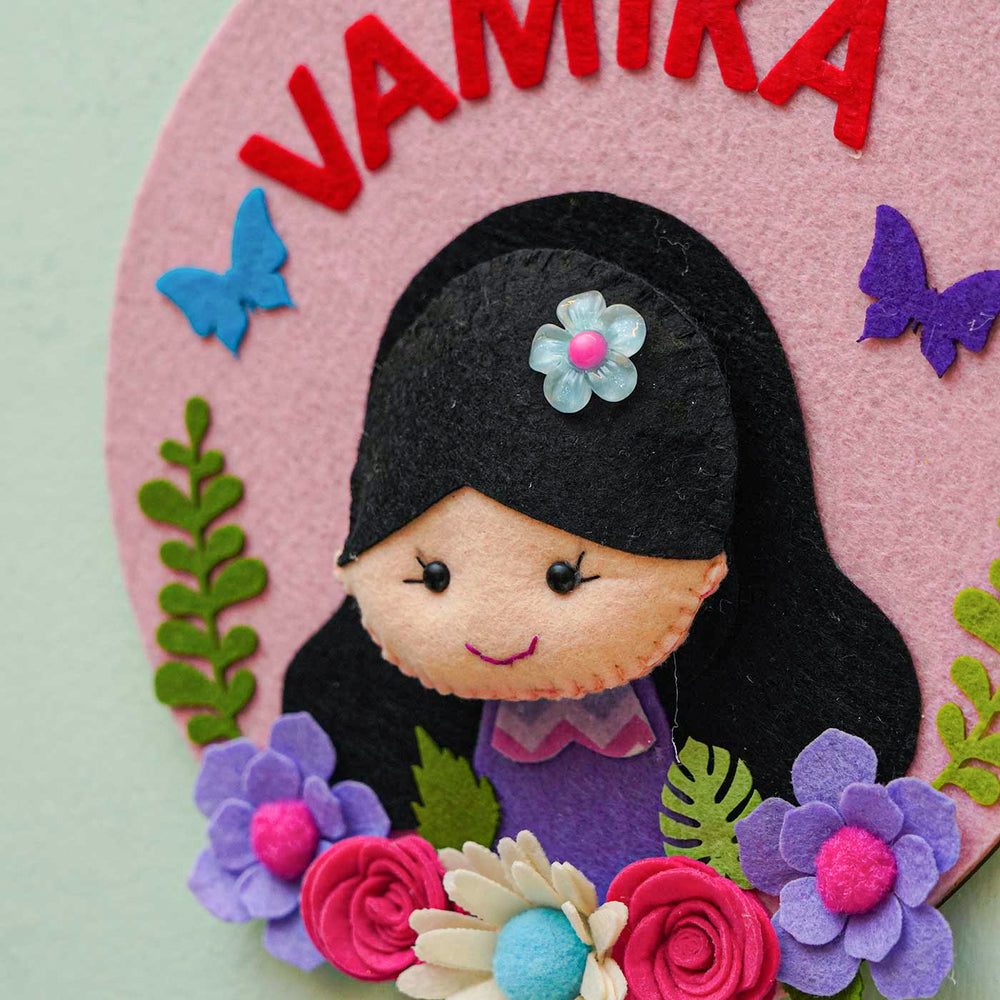 Personalized Handmade Girl And Butterfly Theme Felt Hoop Name Plate - Close-up of Name Personalization Detail