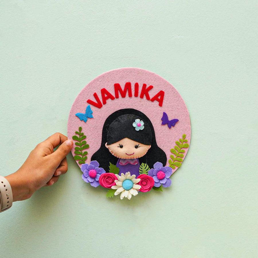 Personalized Handmade Girl And Butterfly Theme Felt Hoop Name Plate - Hand Holding Front View