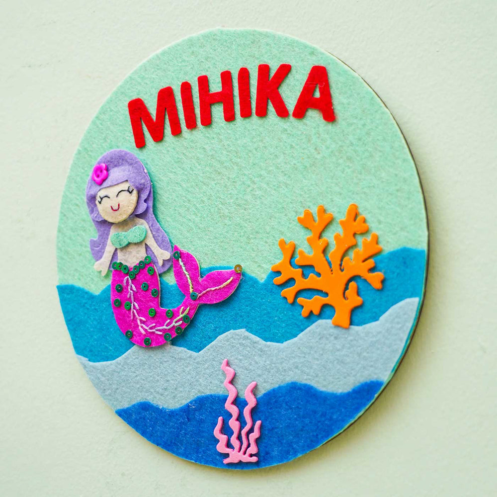 Personalized Handmade Mermaid Theme Felt Hoop Name Plate - Front View with Name Personalization