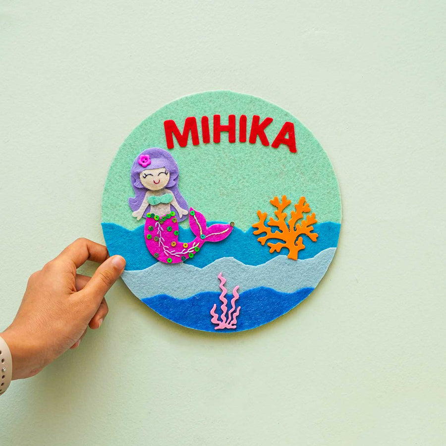 Personalized Handmade Mermaid Theme Felt Hoop Name Plate - Hand Holding Front View with Personalization