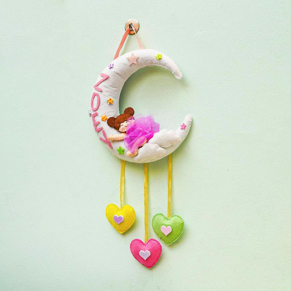 Personalized Handmade Baby Moon Non Stuffed Felt Name Plate - Hanging Front View Showing Full Design