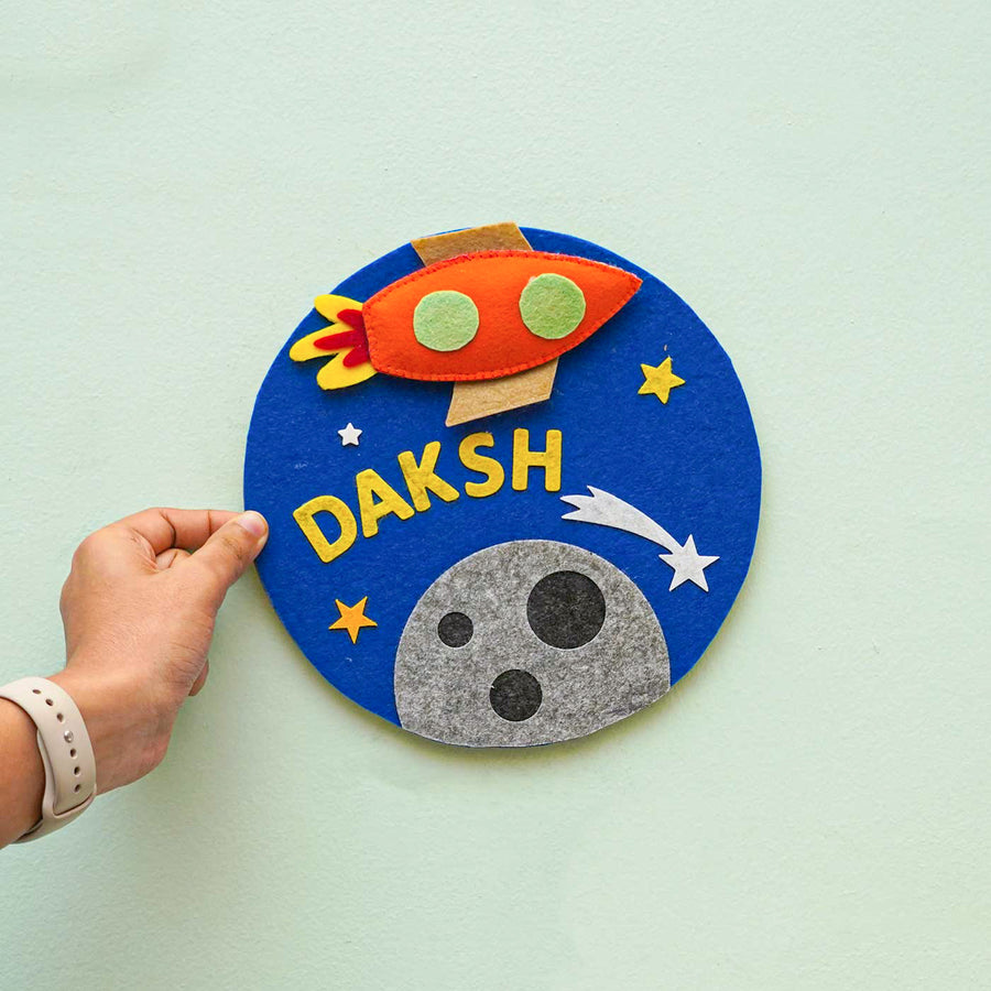 Personalized Handmade Space Theme Felt Hoop Name Plate - Hand Holding Front View