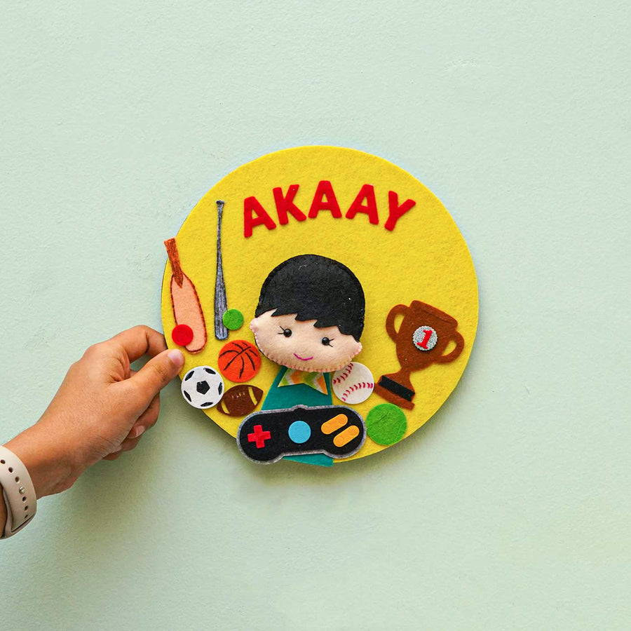 Personalized Handmade Boy And Sports Theme Felt Hoop Name Plate - Handheld Front View Showing Personalization
