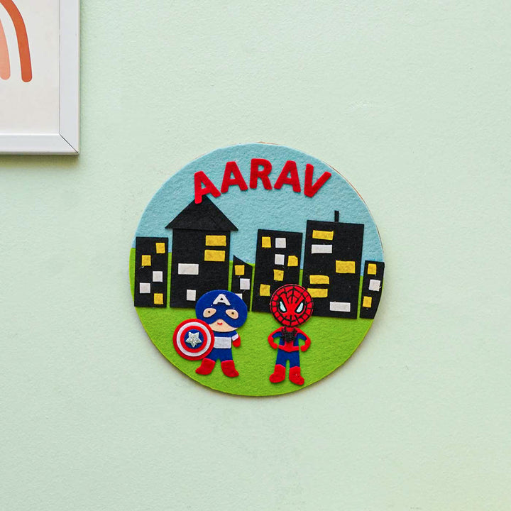 Personalized Handmade Superhero Theme Felt Hoop Name Plate - Mounted on Wall with Personalization