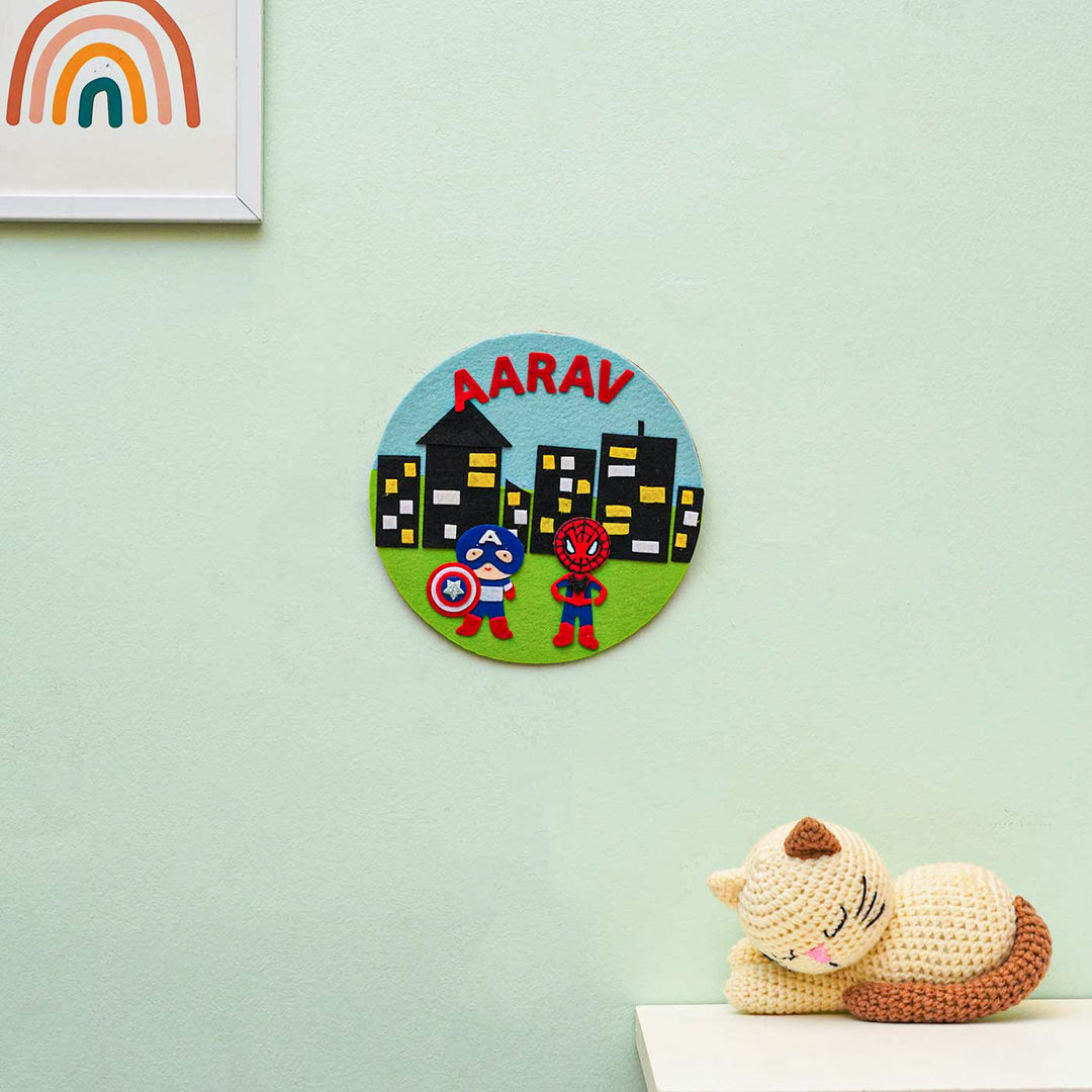 Personalized Handmade Superhero Theme Felt Hoop Name Plate - Mounted on Wall with Personalized Name