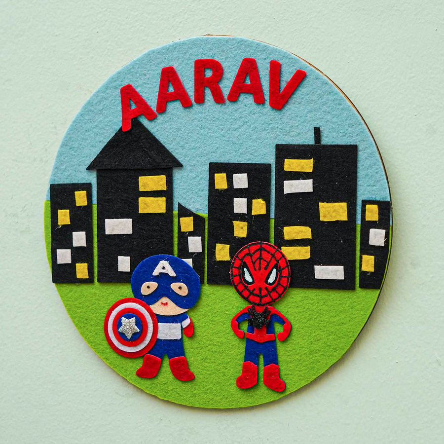 Personalized Handmade Superhero Theme Felt Hoop Name Plate - Front View with Name Personalization