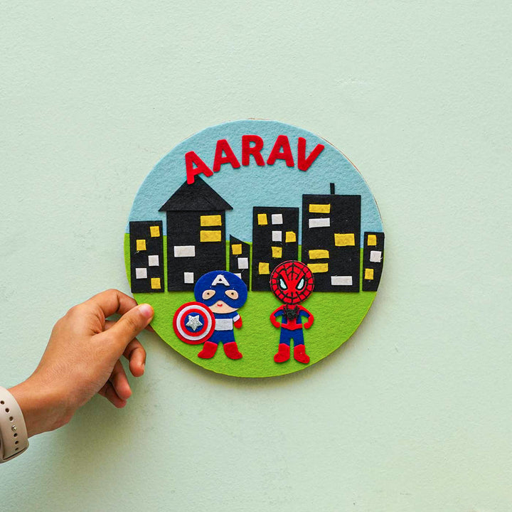 Personalized Handmade Superhero Theme Felt Hoop Name Plate - Name Personalization Example with Hand