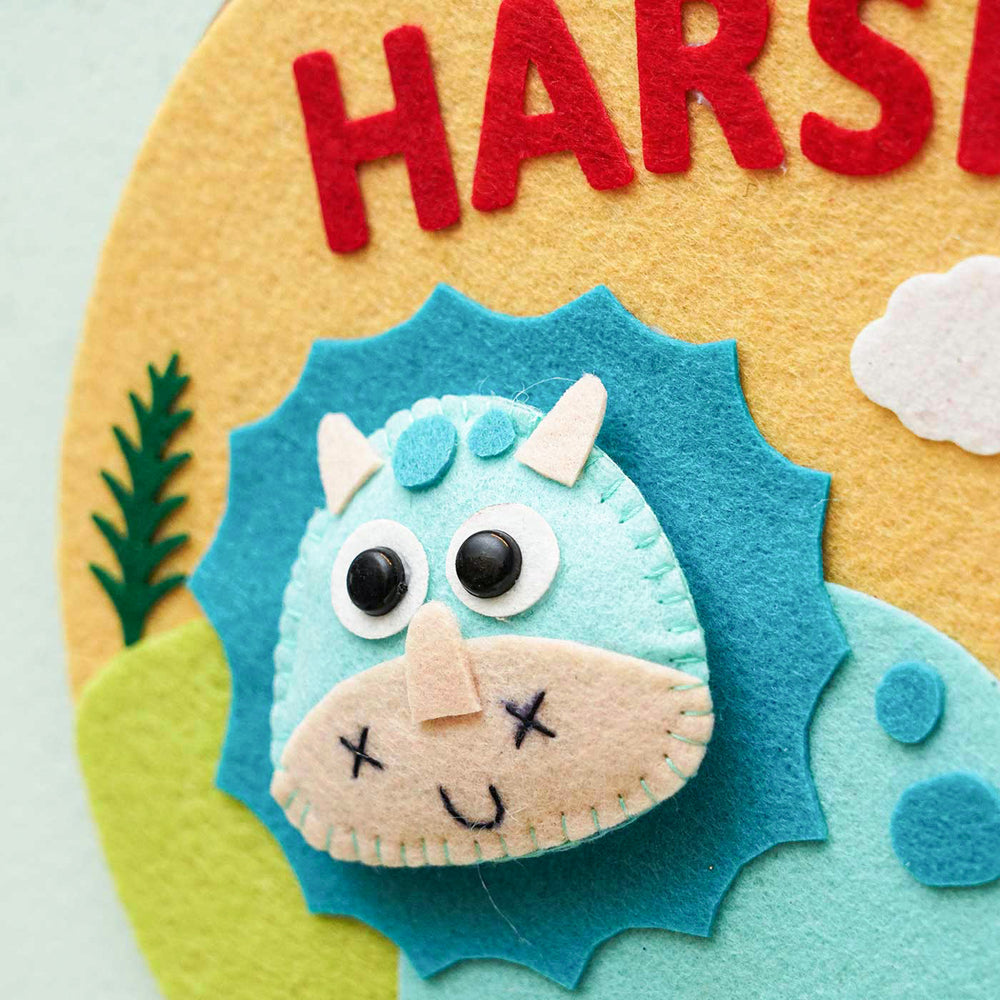 Personalized Handmade Dinosour Theme Felt Hoop Name Plate - Close-up of Felt Character Detail