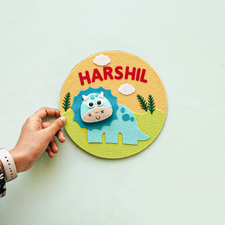 Personalized Handmade Dinosour Theme Felt Hoop Name Plate - Hand Holding Front View