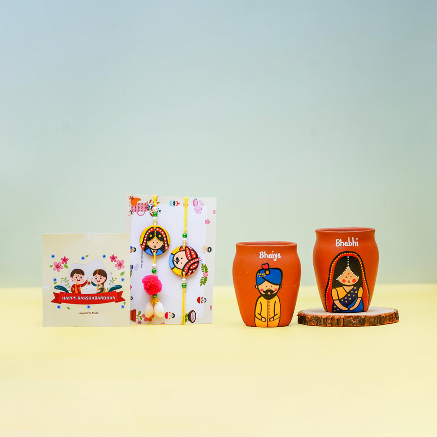Handpainted Terracotta Kulhads Rakhi Set For Siblings - Complete Product Set Front View