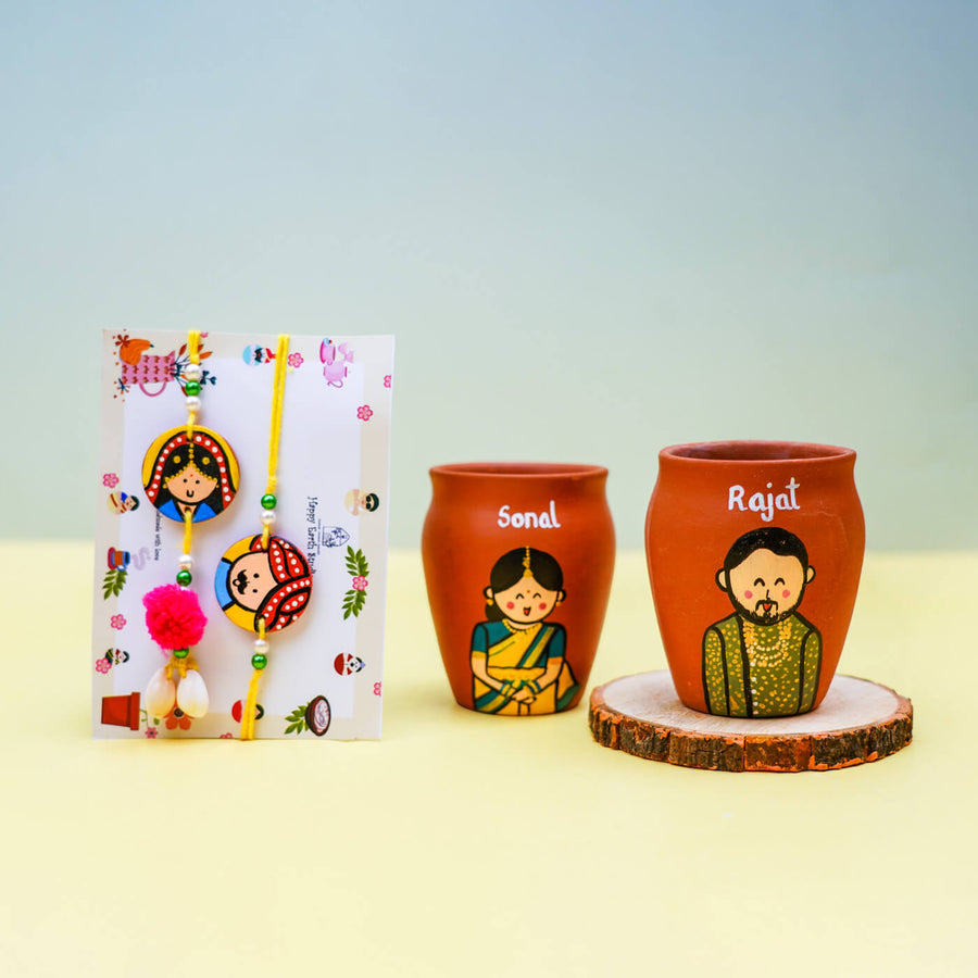 Personalized Terracotta Kulhad Rakhi Set With Caricature - Product Set Front View