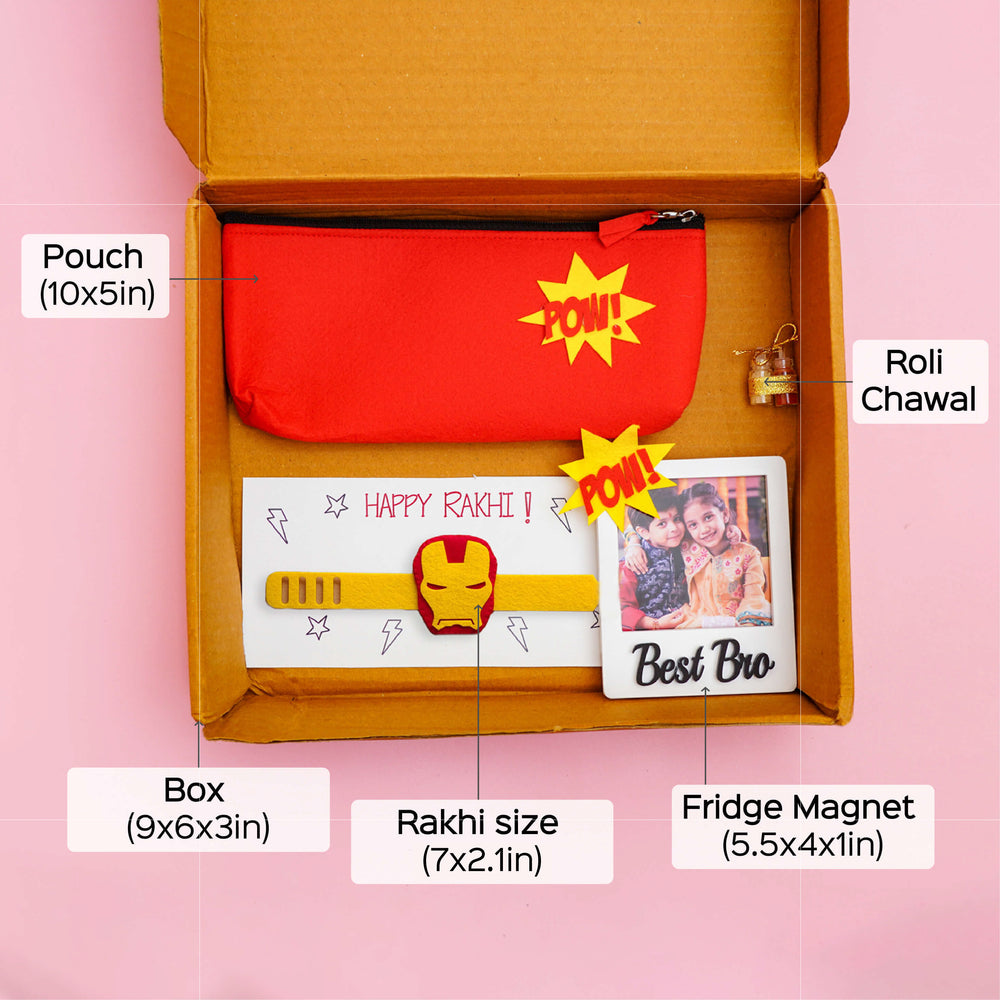 Kids Rakhi Hamper With Pouch And Fridge Magnet 8 - Box Contents with Dimensions