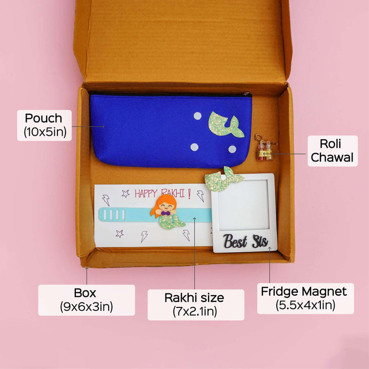Kids Rakhi Hamper With Pouch And Fridge Magnet 2 - Packaging with Dimensions Chart