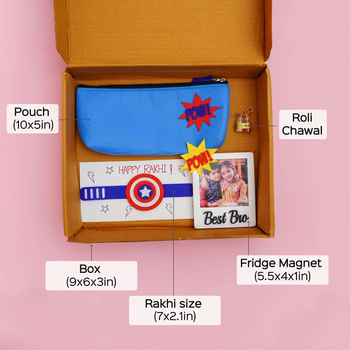 Kids Rakhi Hamper With Pouch And Fridge Magnet 3 - Dimension Chart with Kit Sizes