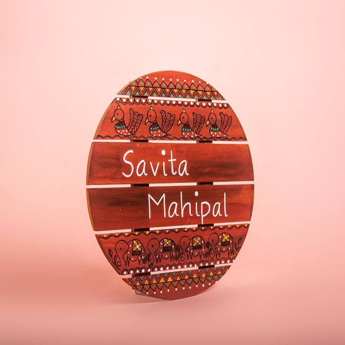 Round Hand Painted Madhubani Art Name Plate - Name Personalization Example Front View