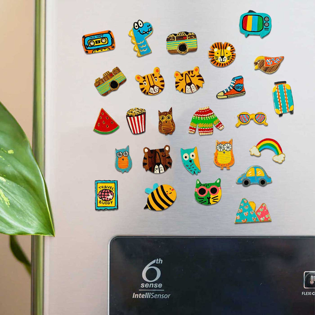Handpainted Quirky Wooden Rakhi With Roli Chawal - Magnets Displayed on Fridge Door