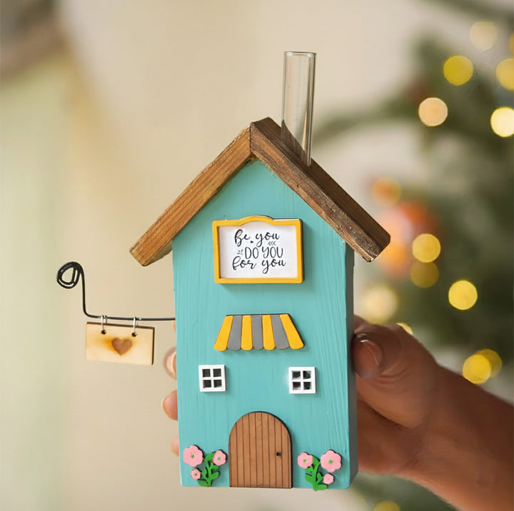 2 pc | Brown & Blue Handcrafted Miniature Wooden House Planter/Pen Holder