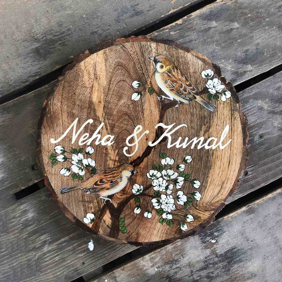 Handpainted Sparrow Theme Mango Wood Name Plate - Top-down Personalized Name Display