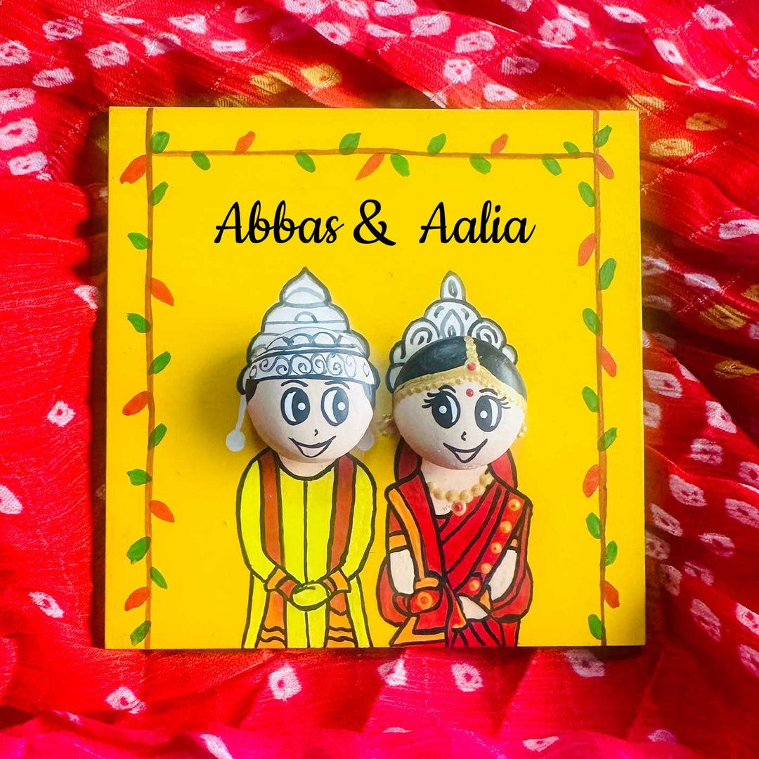 Personalised Hand-Painted Pebble Art Bengali Wedding Couple Wooden Decorative Plaque
