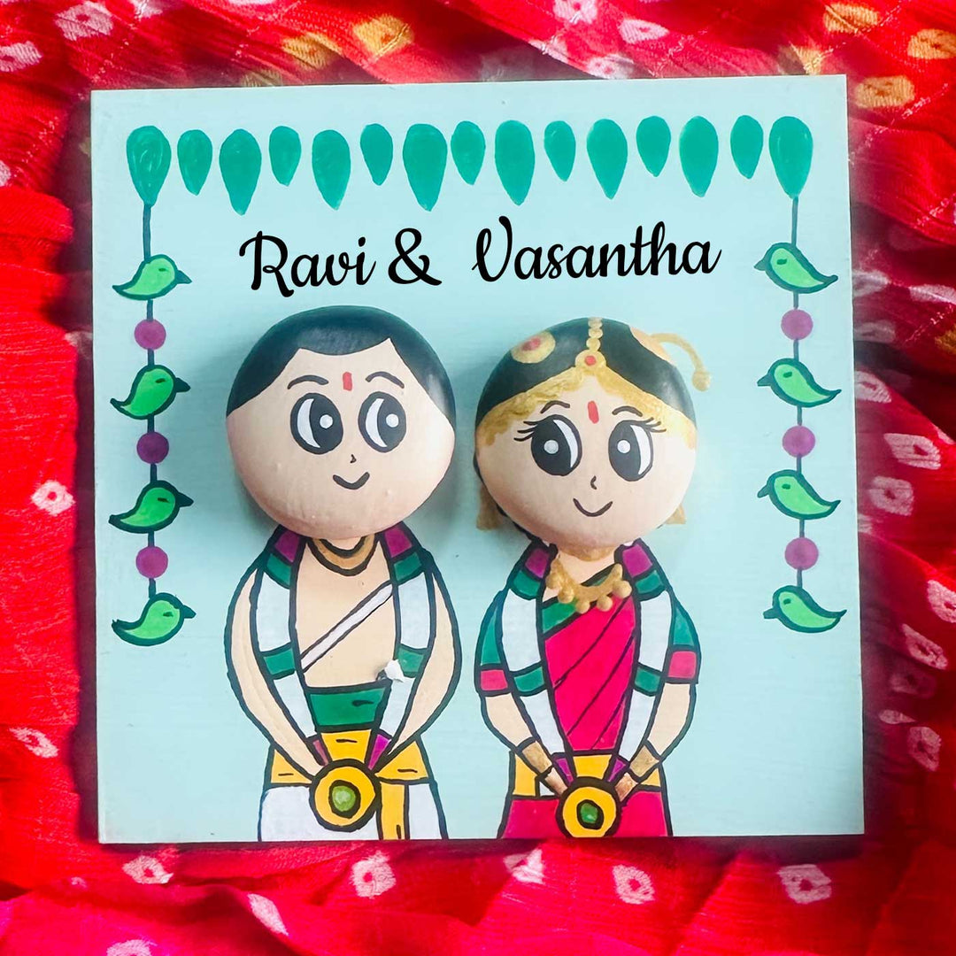 Hand-Painted Pebble Art South Indian Wedding Couple Wooden Decorative Plaque