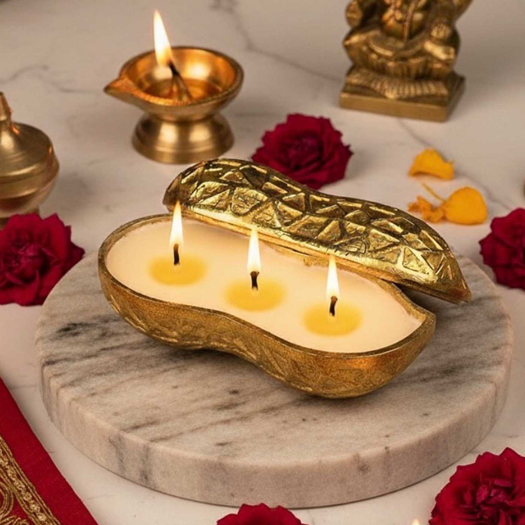 Handmade Gold-Toned Moongfali Peanut Shaped Oud Scented Soy Wax Urli Candle