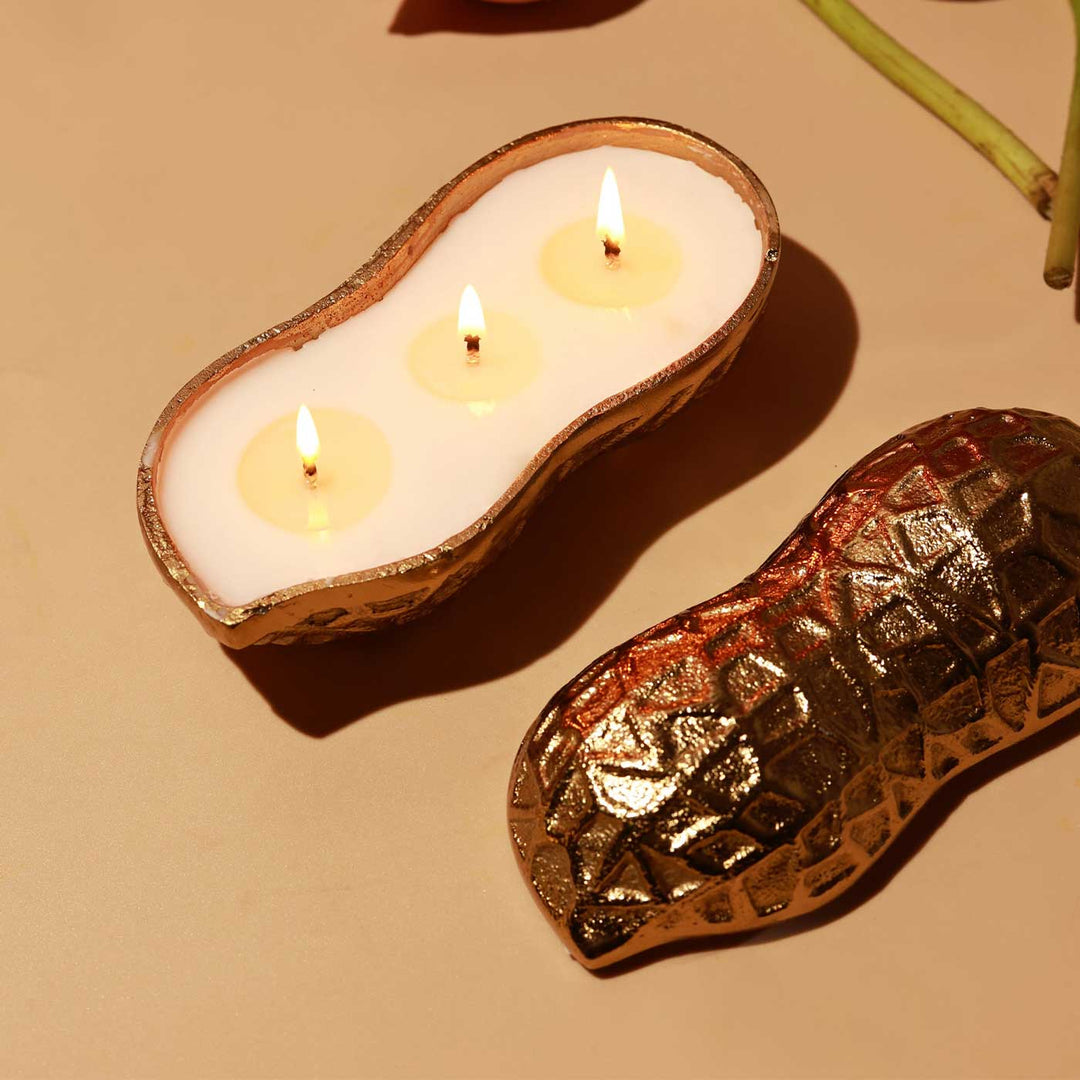Handmade Gold-Toned Moongfali Peanut Shaped Oud Scented Soy Wax Urli Candle