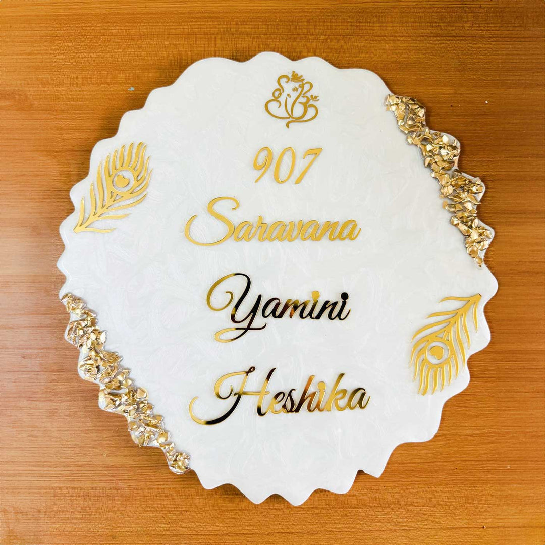 Personalized White And Gold Resin Name Plate For Family - Top View with Name Personalization