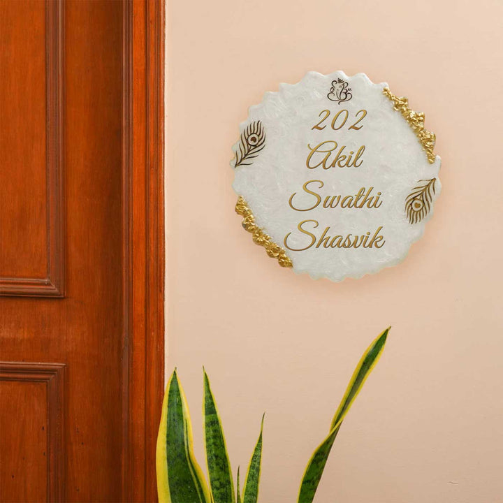 Personalized White And Gold Resin Name Plate For Family - Mounted on Wall near Door