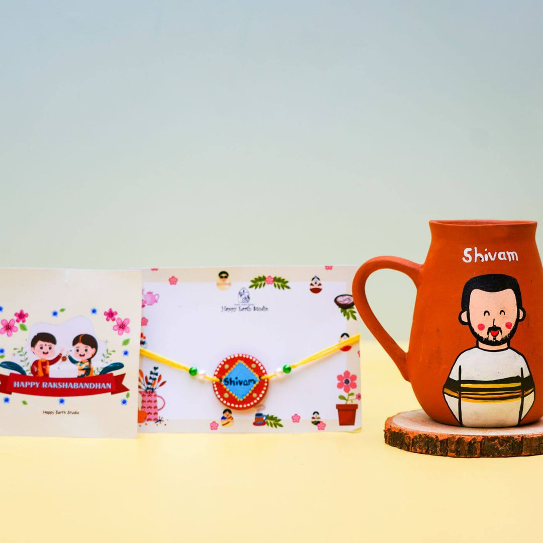 Personalized Terracotta Rakhi Coffee Mug Set With Roli Chawal 1 - Mounted with Rakhi and Card