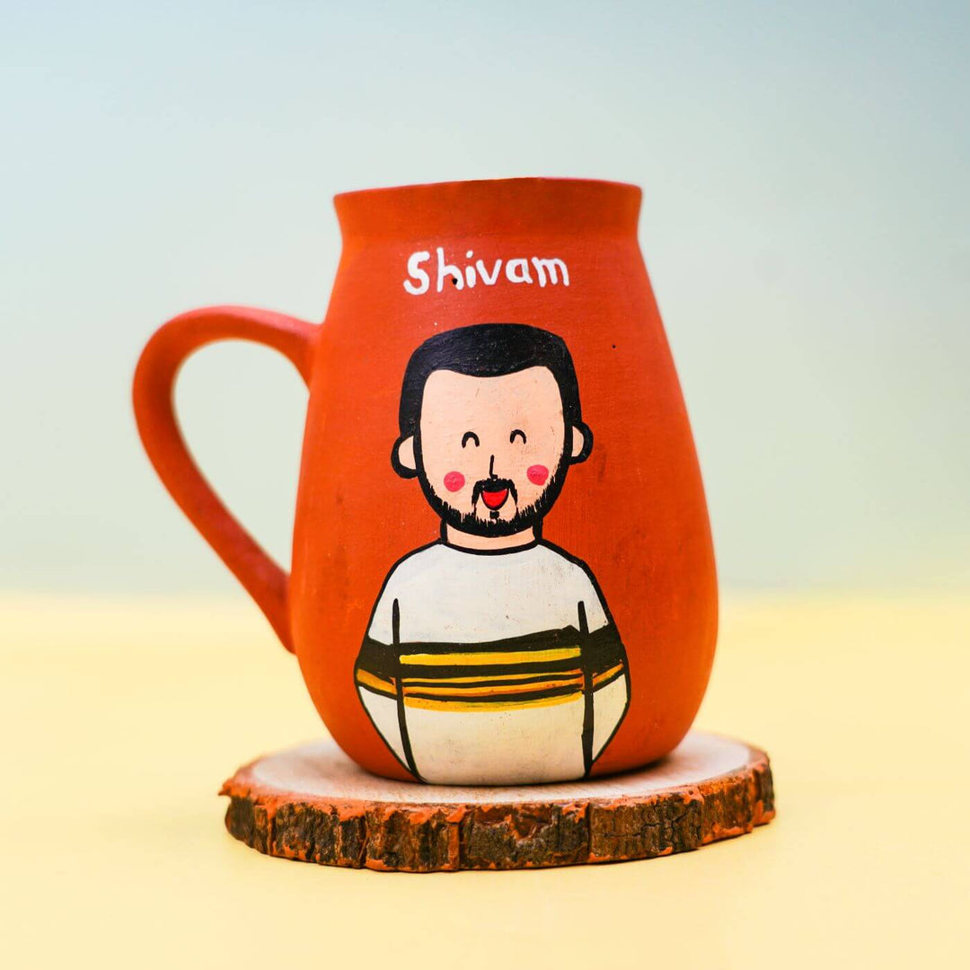 Personalized Terracotta Rakhi Coffee Mug Set With Roli Chawal 1 - Mug on Wooden Coaster