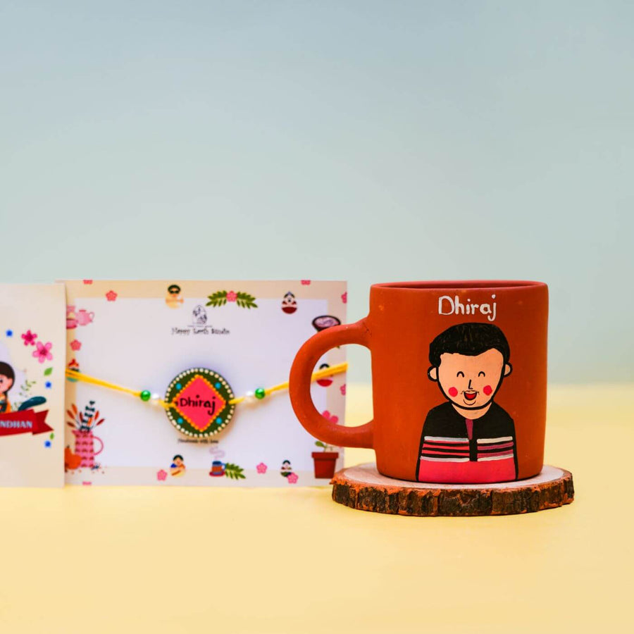Personalized Terracotta Rakhi Coffee Mug Set With Roli Chawal 2 - Front View with Rakhi and Card
