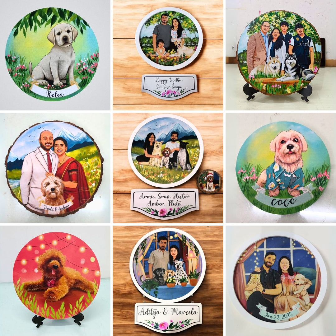 Photo Caricature Hanging Nameplate Couples With Pets 3 - Personalized Round Plaque Front Views