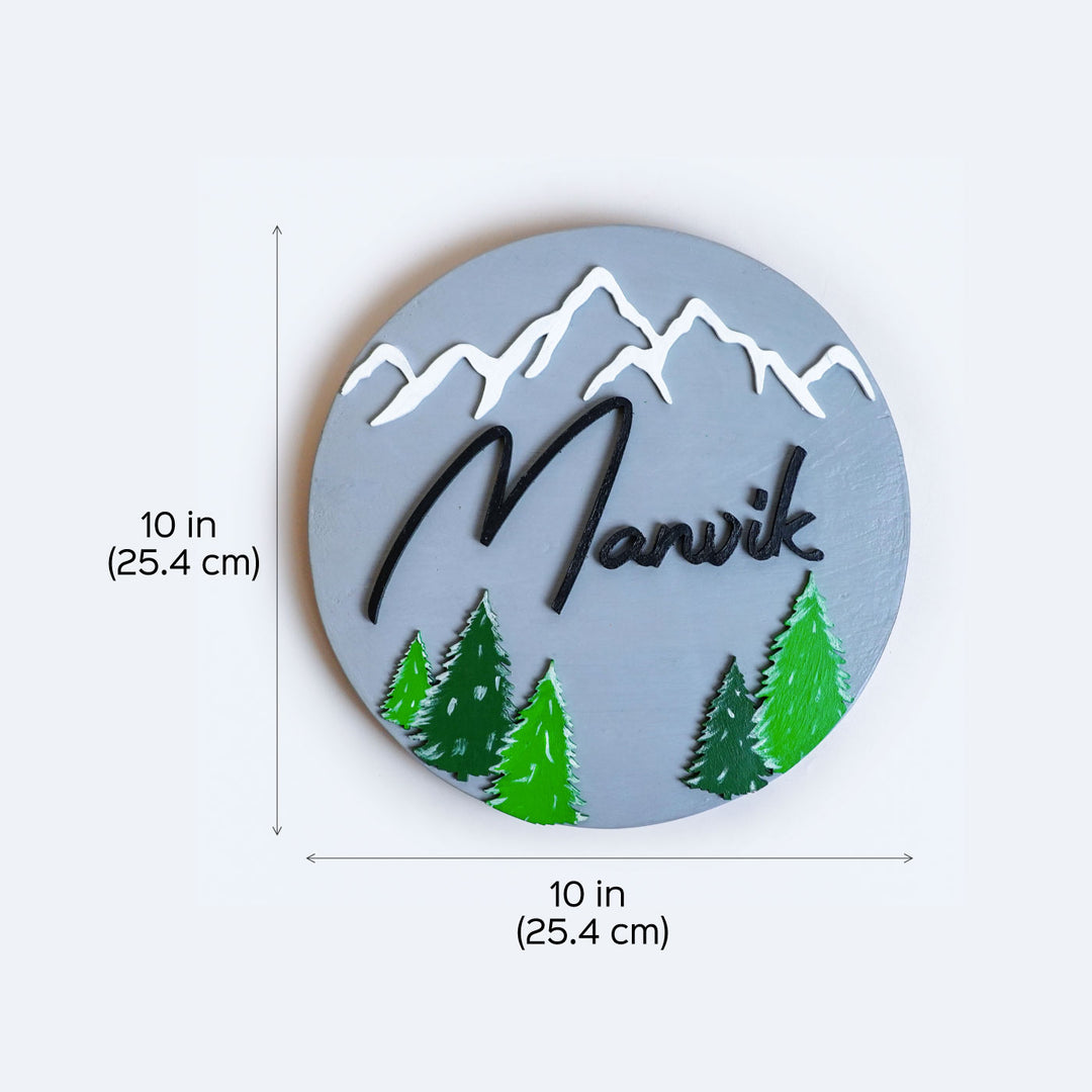 Handpainted Pine Mountain Wooden Kids Name Plate - Front View with Dimensions
